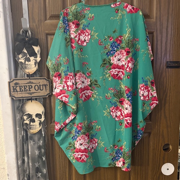 Umgee Teal Green Floral Kimono Cardigan with Pink Accents - Picture 6 of 6